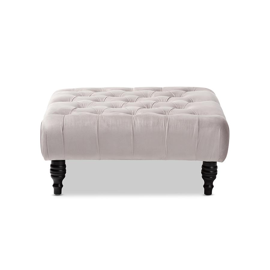 Transitional Grey Velvet Fabric Upholstered Button Tufted Cocktail Ottoman. Picture 2
