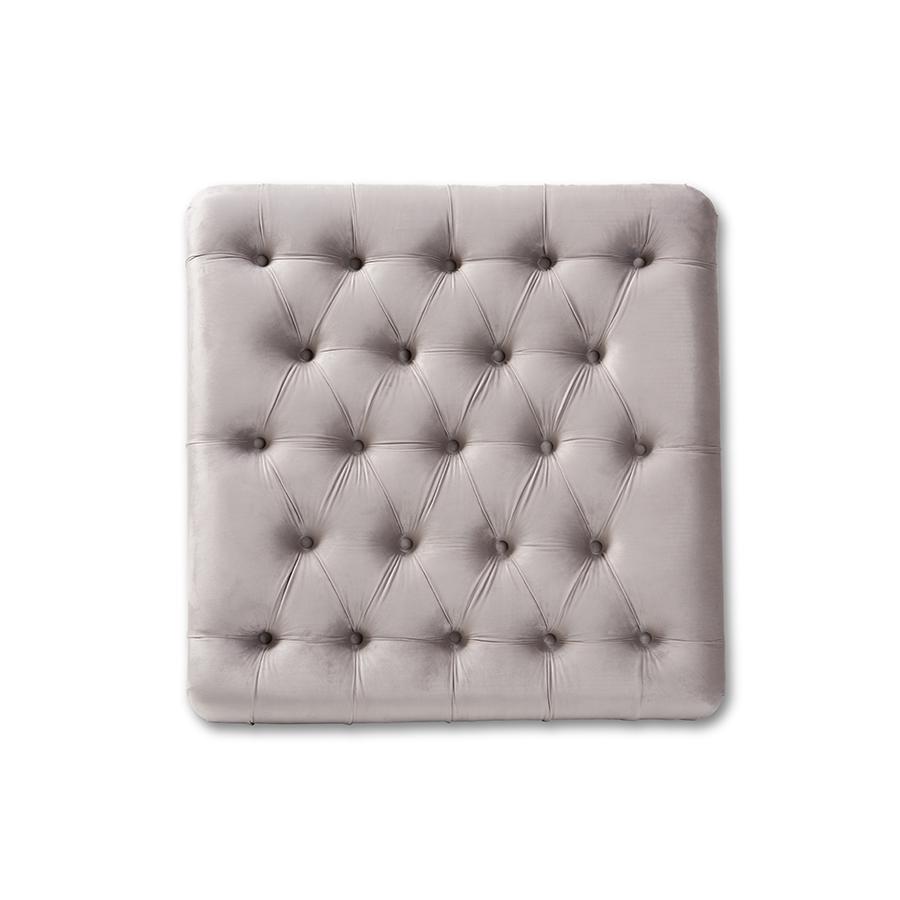 Transitional Grey Velvet Fabric Upholstered Button Tufted Cocktail Ottoman. Picture 3