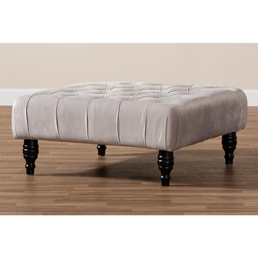 Transitional Grey Velvet Fabric Upholstered Button Tufted Cocktail Ottoman. Picture 6