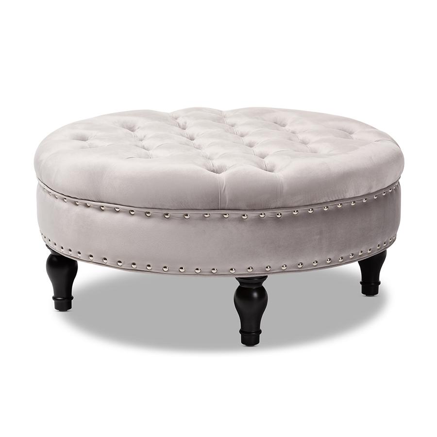 Transitional Grey Velvet Fabric Upholstered Button Tufted Cocktail Ottoman. Picture 1