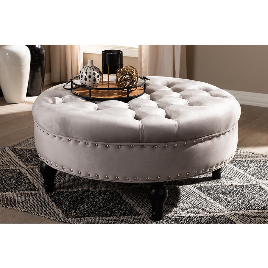 Baxton Studio Palfrey Transitional Grey Velvet Fabric Upholstered Button Tufted Cocktail Ottoman. Picture 1