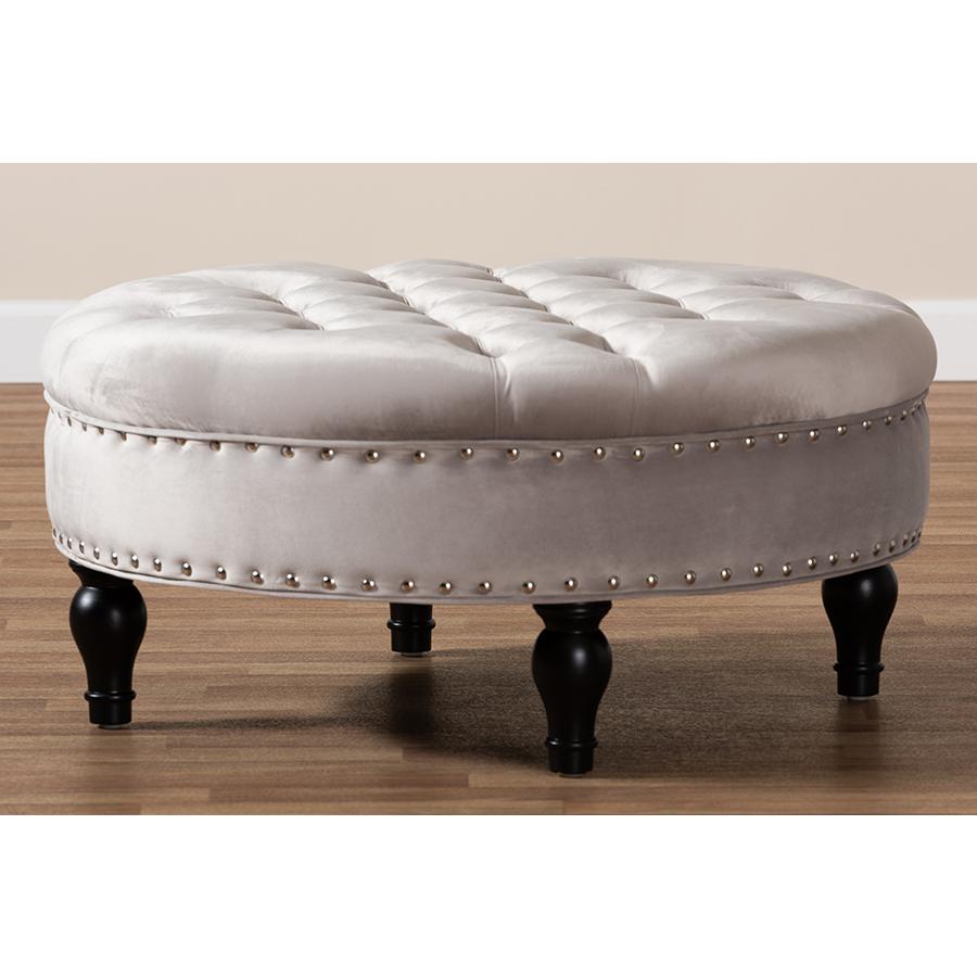 Transitional Grey Velvet Fabric Upholstered Button Tufted Cocktail Ottoman. Picture 5