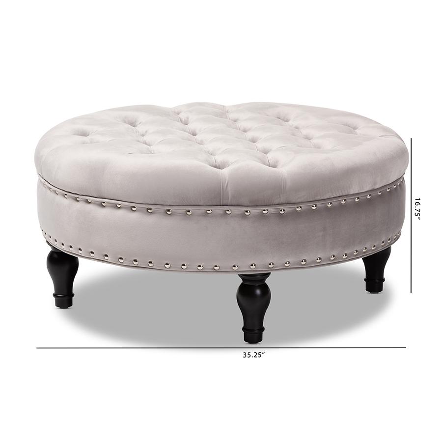 Baxton Studio Palfrey Transitional Grey Velvet Fabric Upholstered Button Tufted Cocktail Ottoman. Picture 7