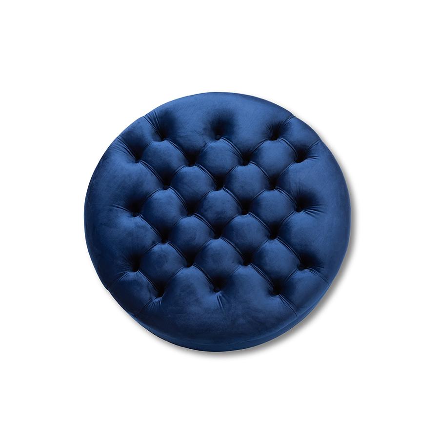 Transitional Blue Velvet Fabric Upholstered Button Tufted Cocktail Ottoman. Picture 2