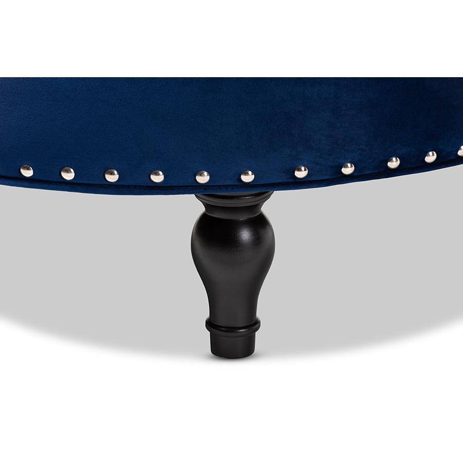 Transitional Blue Velvet Fabric Upholstered Button Tufted Cocktail Ottoman. Picture 3