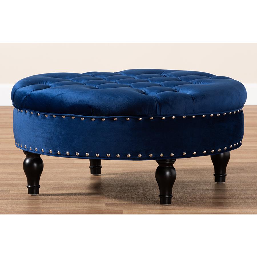 Transitional Blue Velvet Fabric Upholstered Button Tufted Cocktail Ottoman. Picture 5