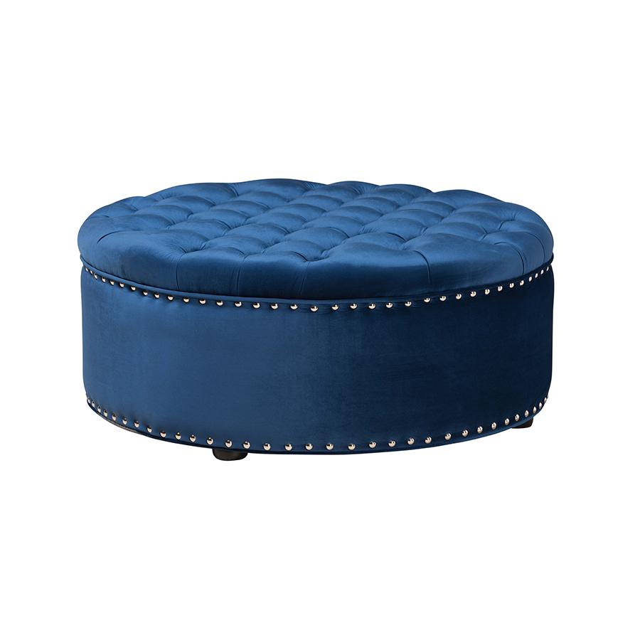 Royal Blue Velvet Fabric Upholstered Tufted Cocktail Ottoman. Picture 1