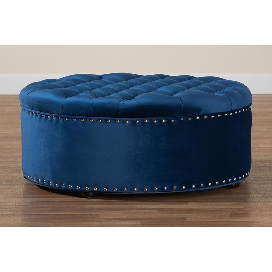 Royal Blue Velvet Fabric Upholstered Tufted Cocktail Ottoman. Picture 6