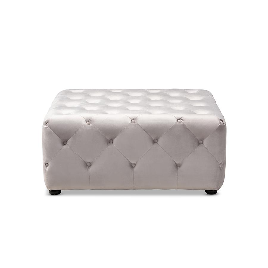Slate Gray Velvet Fabric Upholstered Button-Tufted Cocktail Ottoman. Picture 2