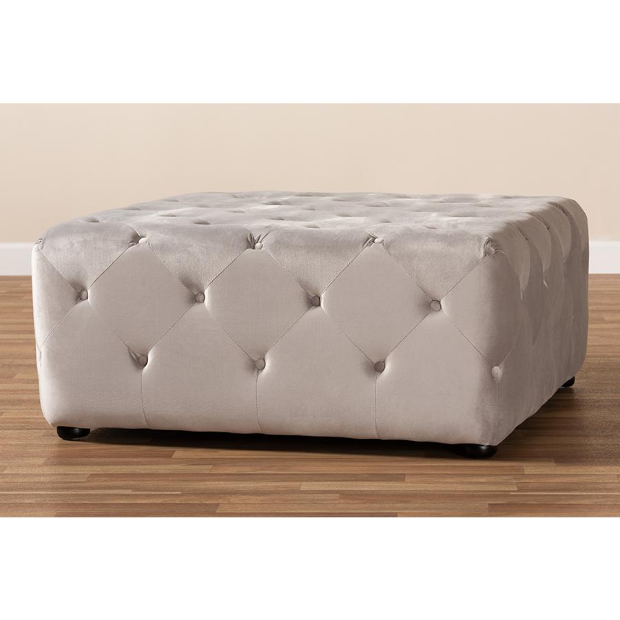 Slate Gray Velvet Fabric Upholstered Button-Tufted Cocktail Ottoman. Picture 6
