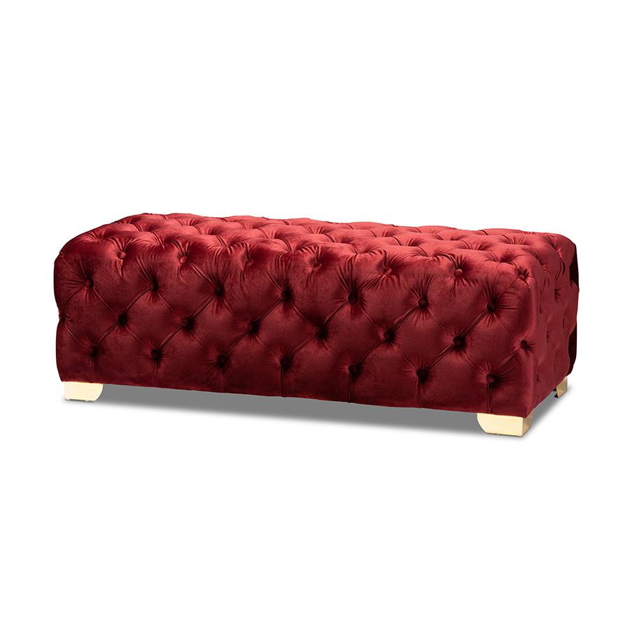 Baxton Studio Avara Glam and Luxe Burgundy Velvet Fabric Upholstered Gold Finished Button Tufted Bench Ottoman. Picture 2