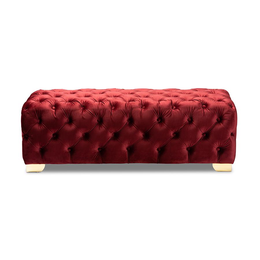 Baxton Studio Avara Glam and Luxe Burgundy Velvet Fabric Upholstered Gold Finished Button Tufted Bench Ottoman. Picture 3