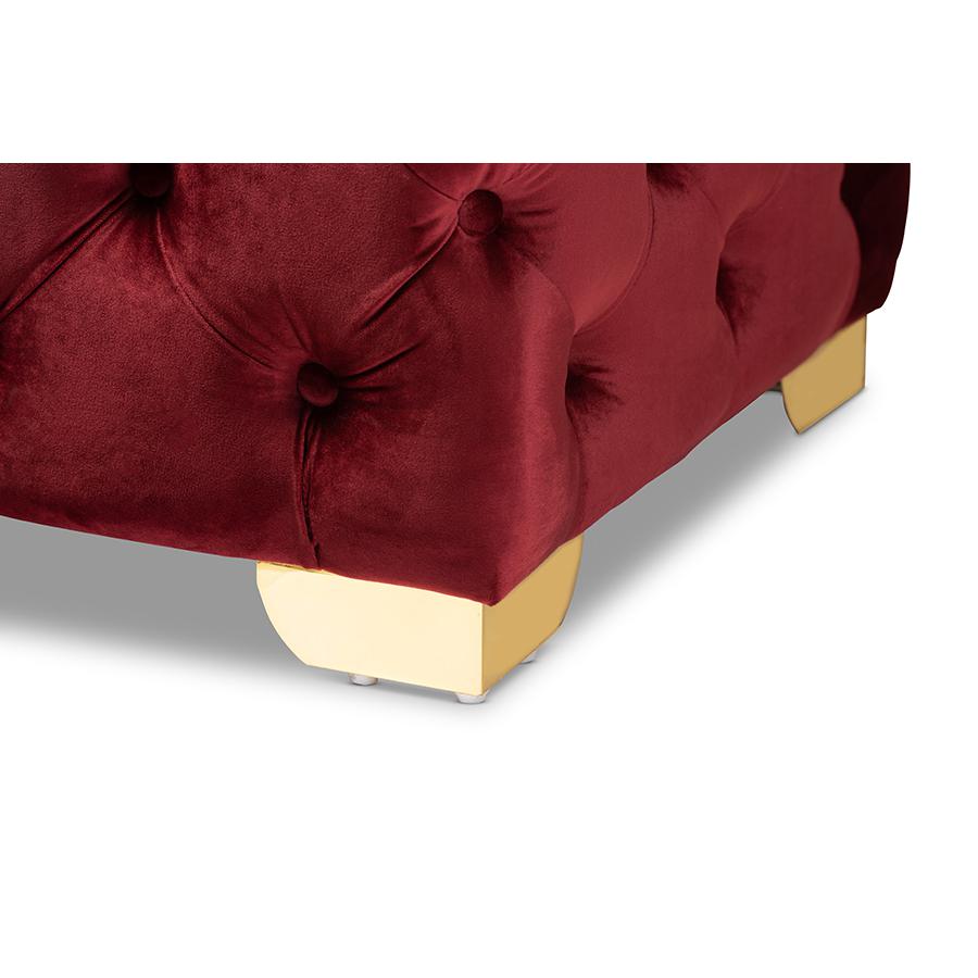 Baxton Studio Avara Glam and Luxe Burgundy Velvet Fabric Upholstered Gold Finished Button Tufted Bench Ottoman. Picture 6