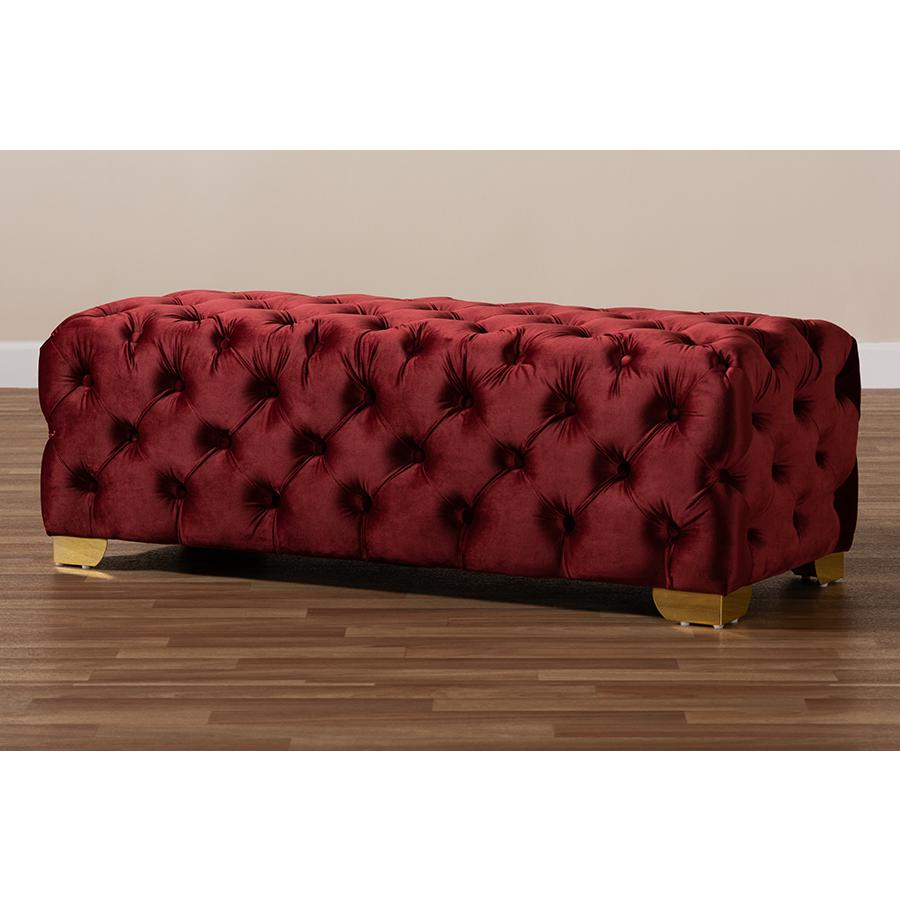 Baxton Studio Avara Glam and Luxe Burgundy Velvet Fabric Upholstered Gold Finished Button Tufted Bench Ottoman. Picture 8