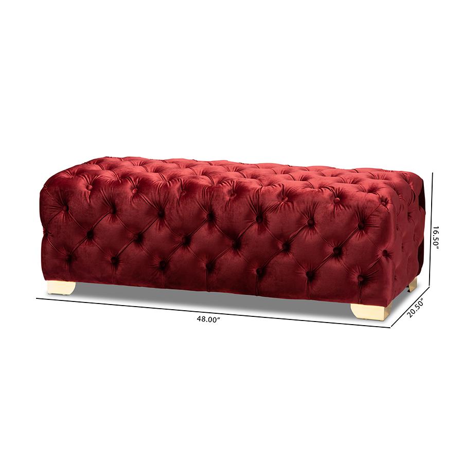 Baxton Studio Avara Glam and Luxe Burgundy Velvet Fabric Upholstered Gold Finished Button Tufted Bench Ottoman. Picture 9