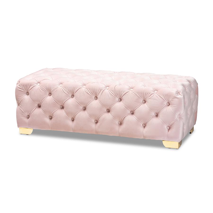 Baxton Studio Avara Glam and Luxe Light Pink Velvet Fabric Upholstered Gold Finished Button Tufted Bench Ottoman. Picture 2