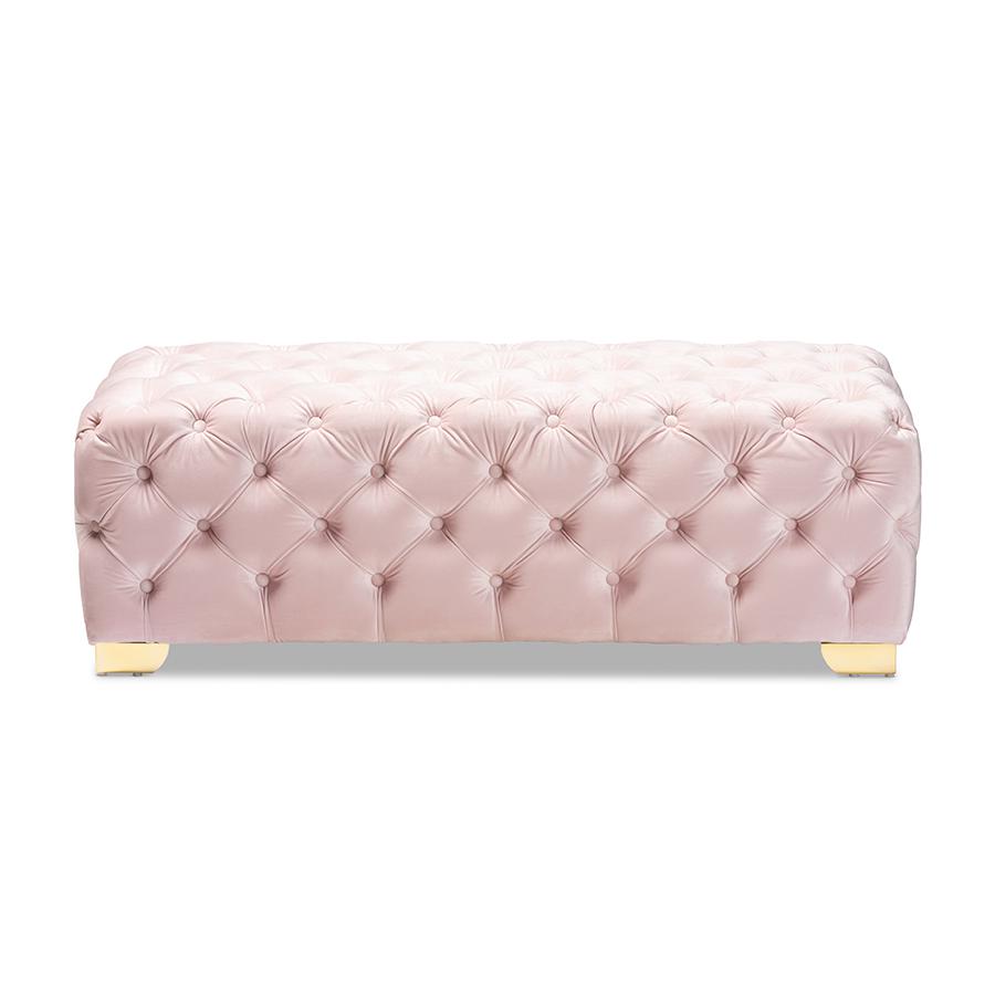 Baxton Studio Avara Glam and Luxe Light Pink Velvet Fabric Upholstered Gold Finished Button Tufted Bench Ottoman. Picture 3