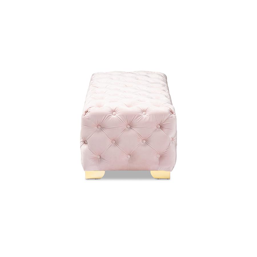 Baxton Studio Avara Glam and Luxe Light Pink Velvet Fabric Upholstered Gold Finished Button Tufted Bench Ottoman. Picture 4