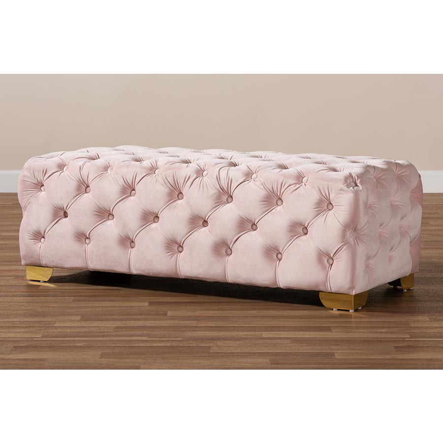 Baxton Studio Avara Glam and Luxe Light Pink Velvet Fabric Upholstered Gold Finished Button Tufted Bench Ottoman. Picture 8