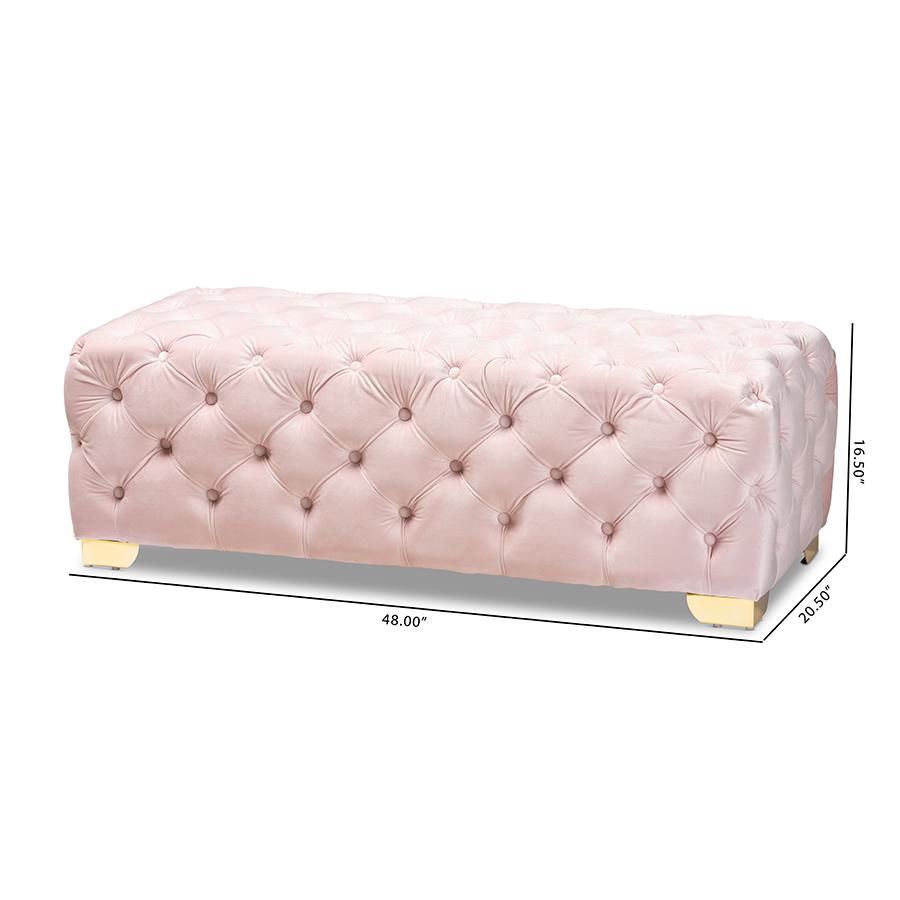 Baxton Studio Avara Glam and Luxe Light Pink Velvet Fabric Upholstered Gold Finished Button Tufted Bench Ottoman. Picture 9