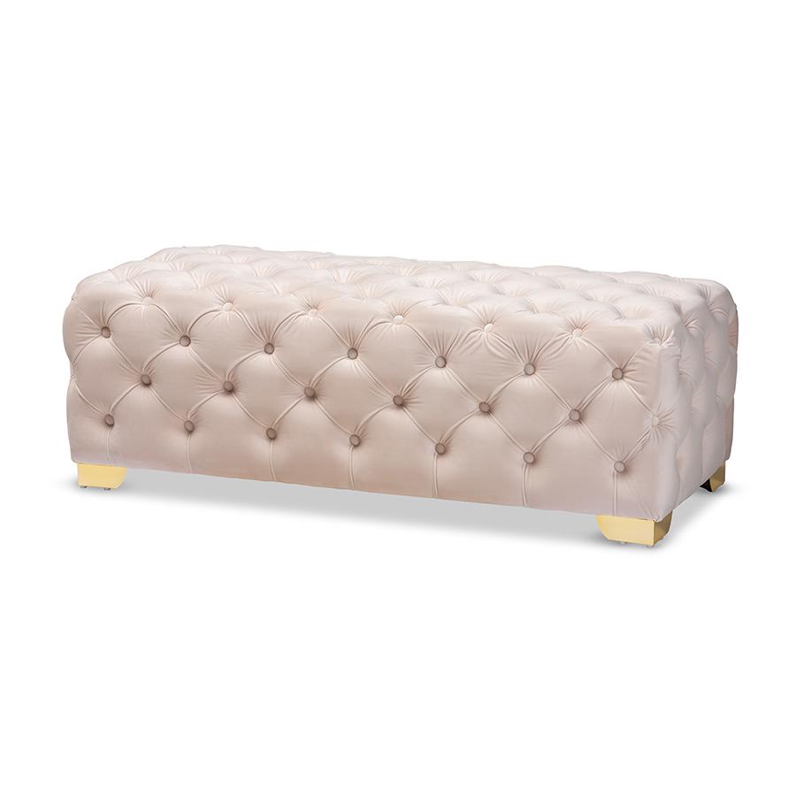 Gold Finished Button Tufted Bench Ottoman. Picture 1