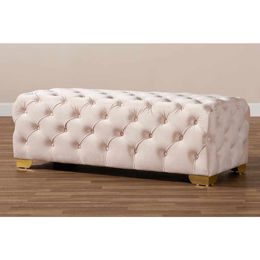 Gold Finished Button Tufted Bench Ottoman. Picture 7
