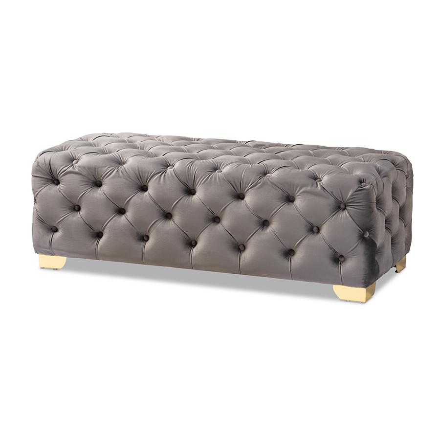 Luxe Gray Velvet Fabric Upholstered Gold Finished Button Tufted Bench Ottoman. Picture 1