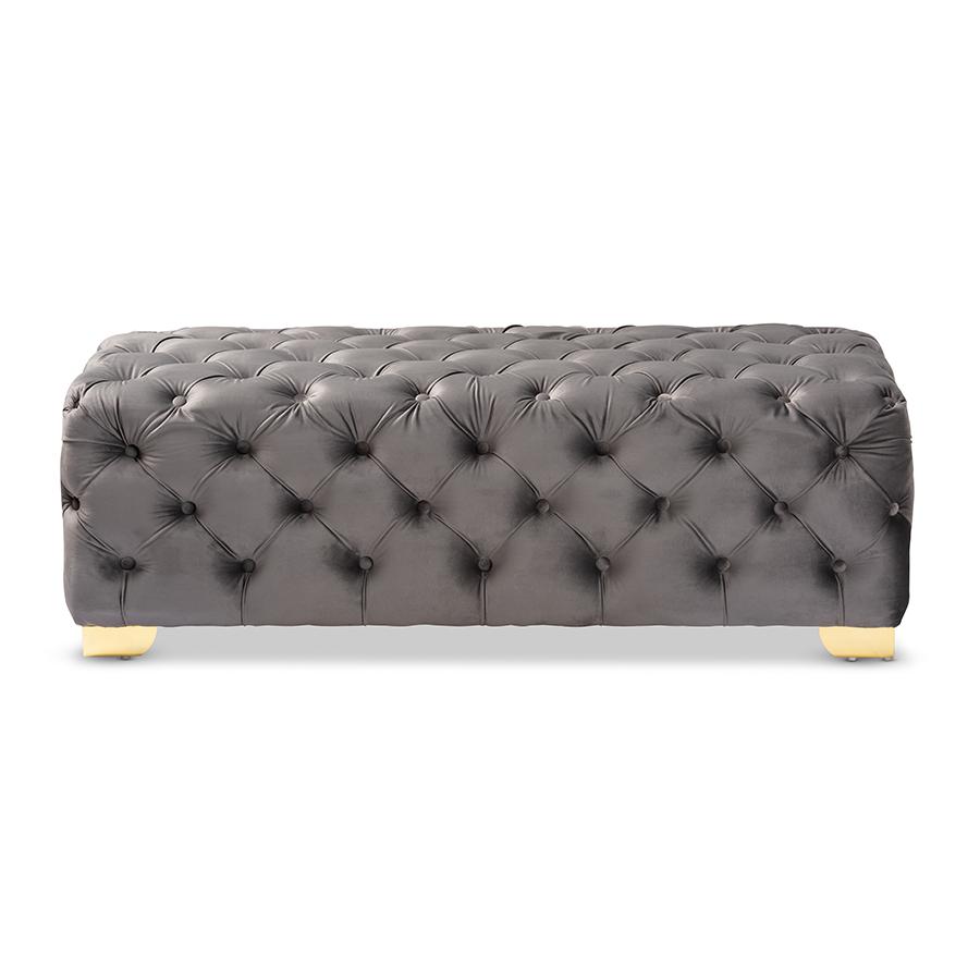 Luxe Gray Velvet Fabric Upholstered Gold Finished Button Tufted Bench Ottoman. Picture 2
