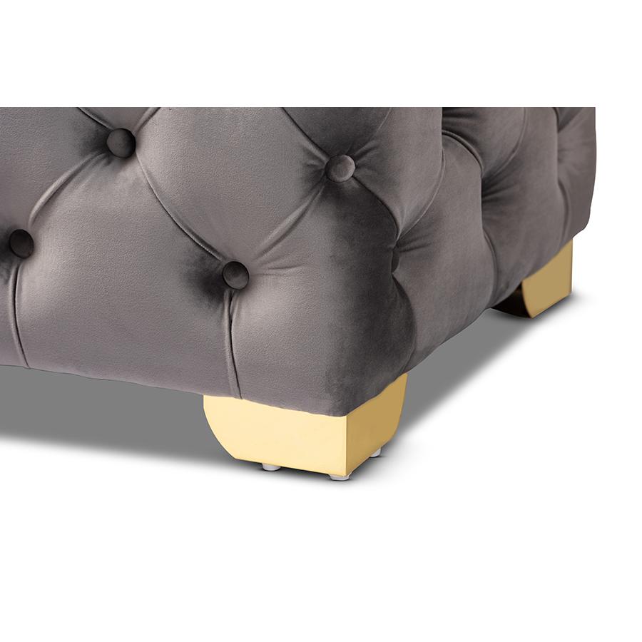 Luxe Gray Velvet Fabric Upholstered Gold Finished Button Tufted Bench Ottoman. Picture 5