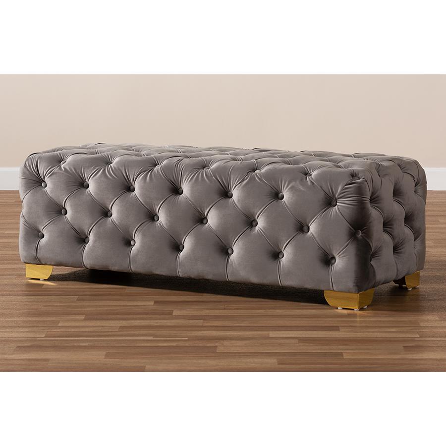 Luxe Gray Velvet Fabric Upholstered Gold Finished Button Tufted Bench Ottoman. Picture 7