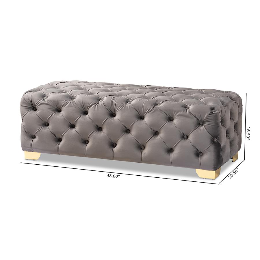 Luxe Gray Velvet Fabric Upholstered Gold Finished Button Tufted Bench Ottoman. Picture 8