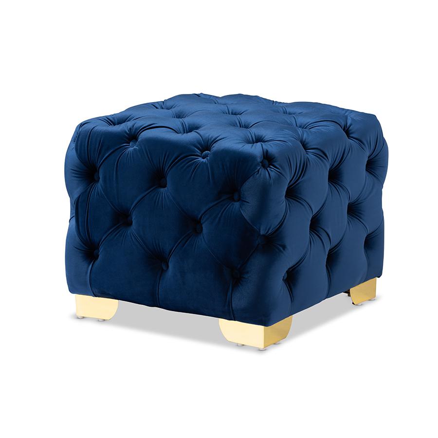 Luxe Royal Blue Velvet Fabric Upholstered Gold Finished Button Tufted Ottoman. Picture 1