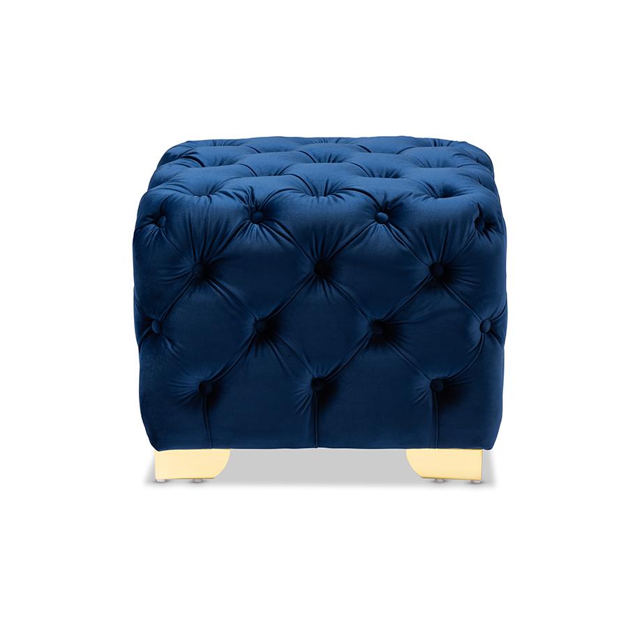Luxe Royal Blue Velvet Fabric Upholstered Gold Finished Button Tufted Ottoman. Picture 2