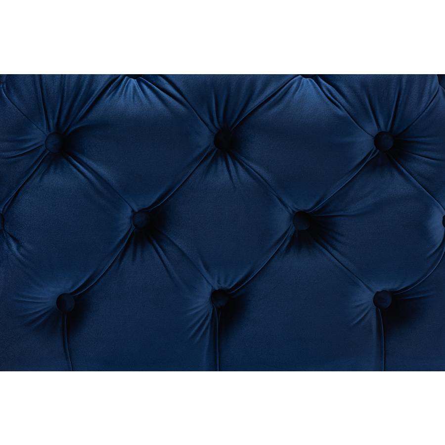 Luxe Royal Blue Velvet Fabric Upholstered Gold Finished Button Tufted Ottoman. Picture 3