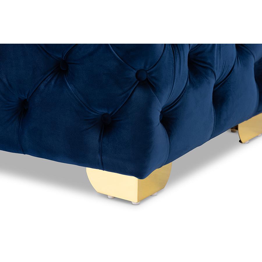Luxe Royal Blue Velvet Fabric Upholstered Gold Finished Button Tufted Ottoman. Picture 4