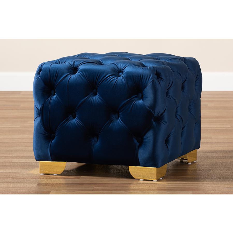 Luxe Royal Blue Velvet Fabric Upholstered Gold Finished Button Tufted Ottoman. Picture 6