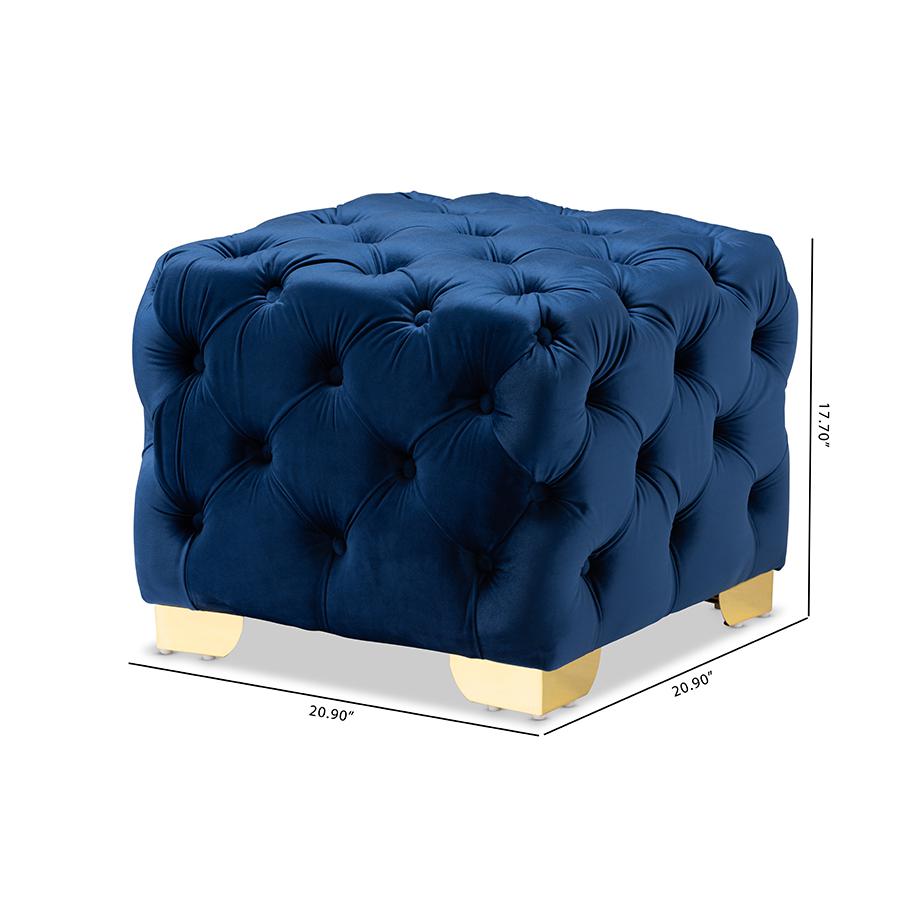 Luxe Royal Blue Velvet Fabric Upholstered Gold Finished Button Tufted Ottoman. Picture 7