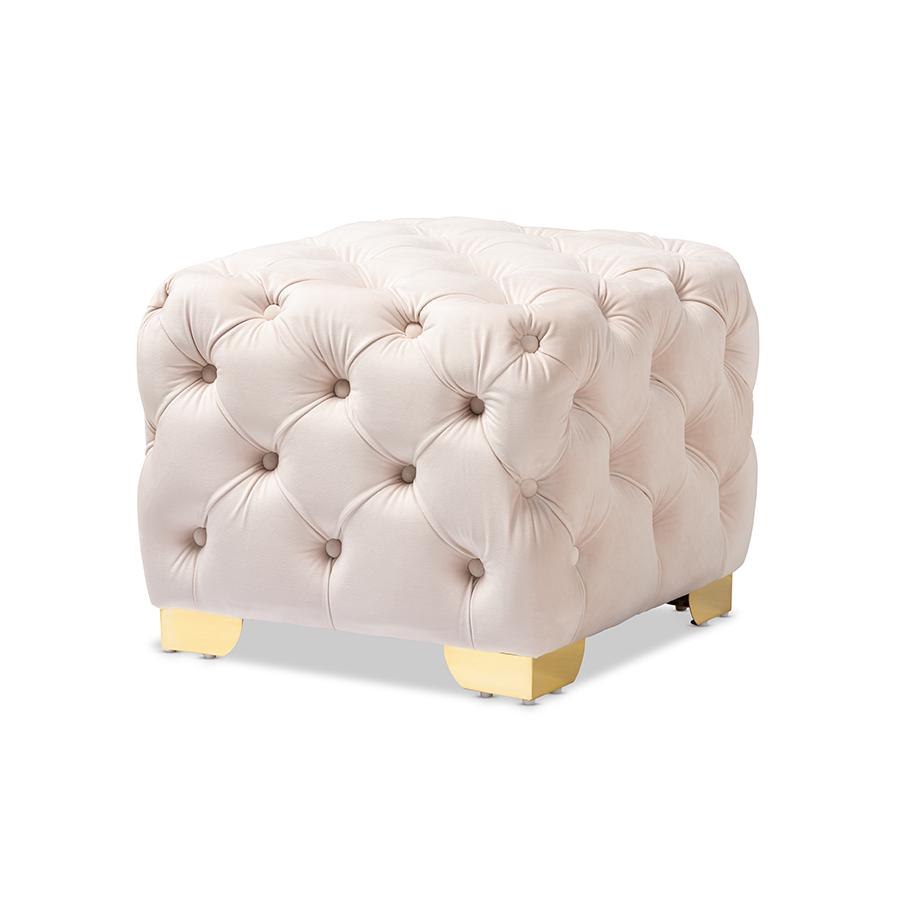 Glam and Luxe Light Beige Velvet Gold Finished Button Tufted Ottoman. Picture 1