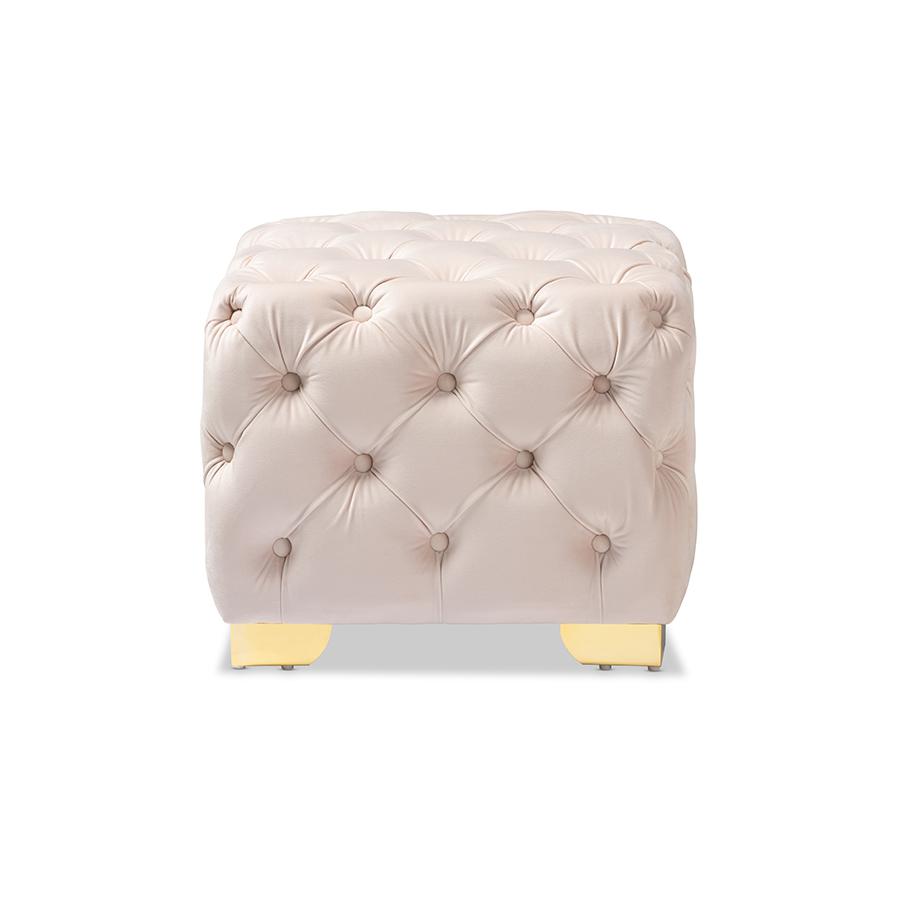 Glam and Luxe Light Beige Velvet Gold Finished Button Tufted Ottoman. Picture 2