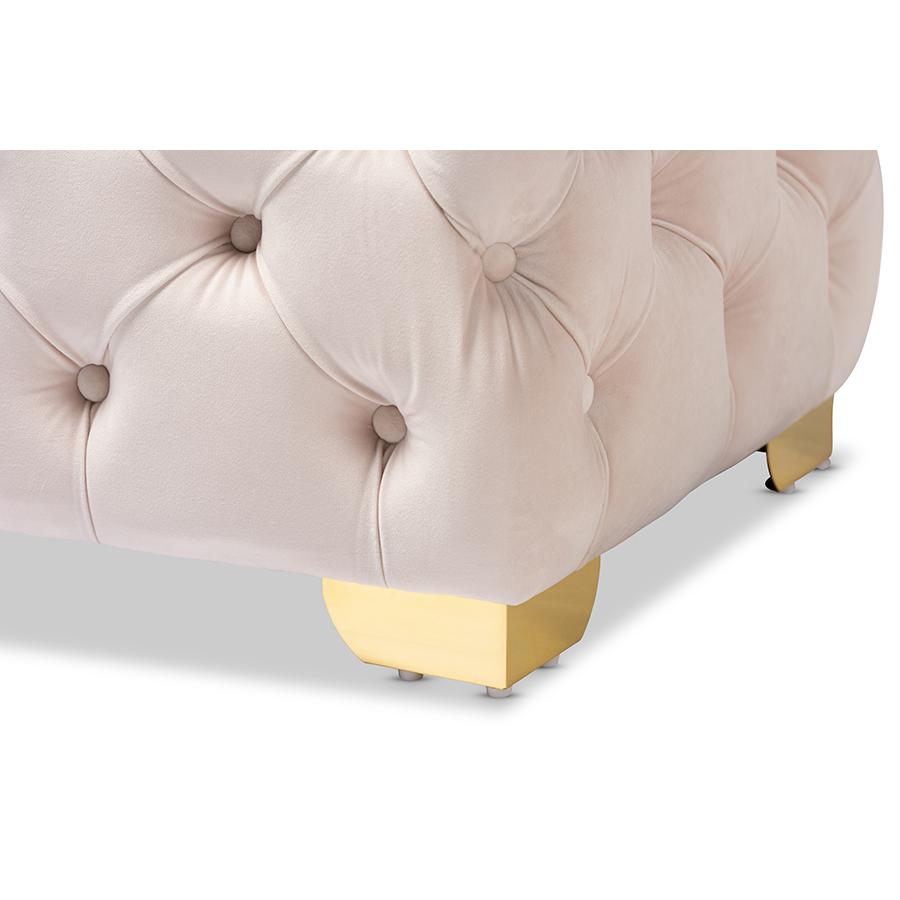 Glam and Luxe Light Beige Velvet Gold Finished Button Tufted Ottoman. Picture 4