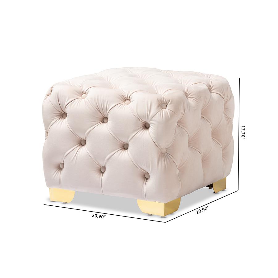 Glam and Luxe Light Beige Velvet Gold Finished Button Tufted Ottoman. Picture 7
