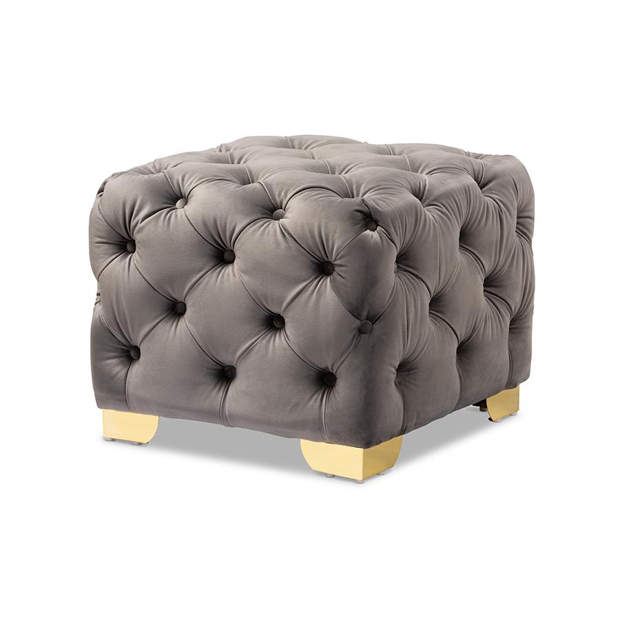Baxton Studio Avara Glam and Luxe Gray Velvet Fabric Upholstered Gold Finished Button Tufted Ottoman. Picture 2