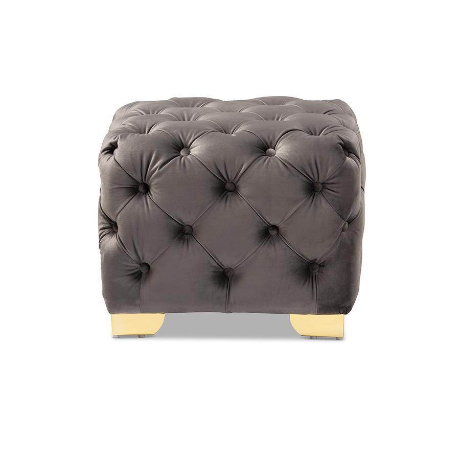 Baxton Studio Avara Glam and Luxe Gray Velvet Fabric Upholstered Gold Finished Button Tufted Ottoman. Picture 3