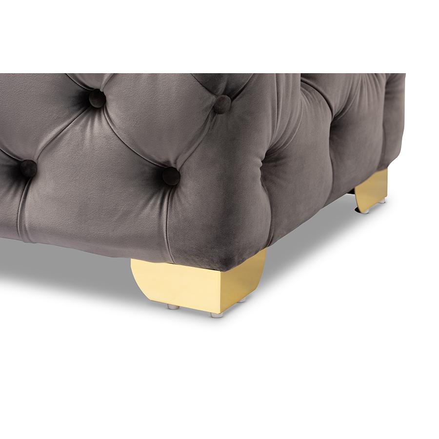 Baxton Studio Avara Glam and Luxe Gray Velvet Fabric Upholstered Gold Finished Button Tufted Ottoman. Picture 5