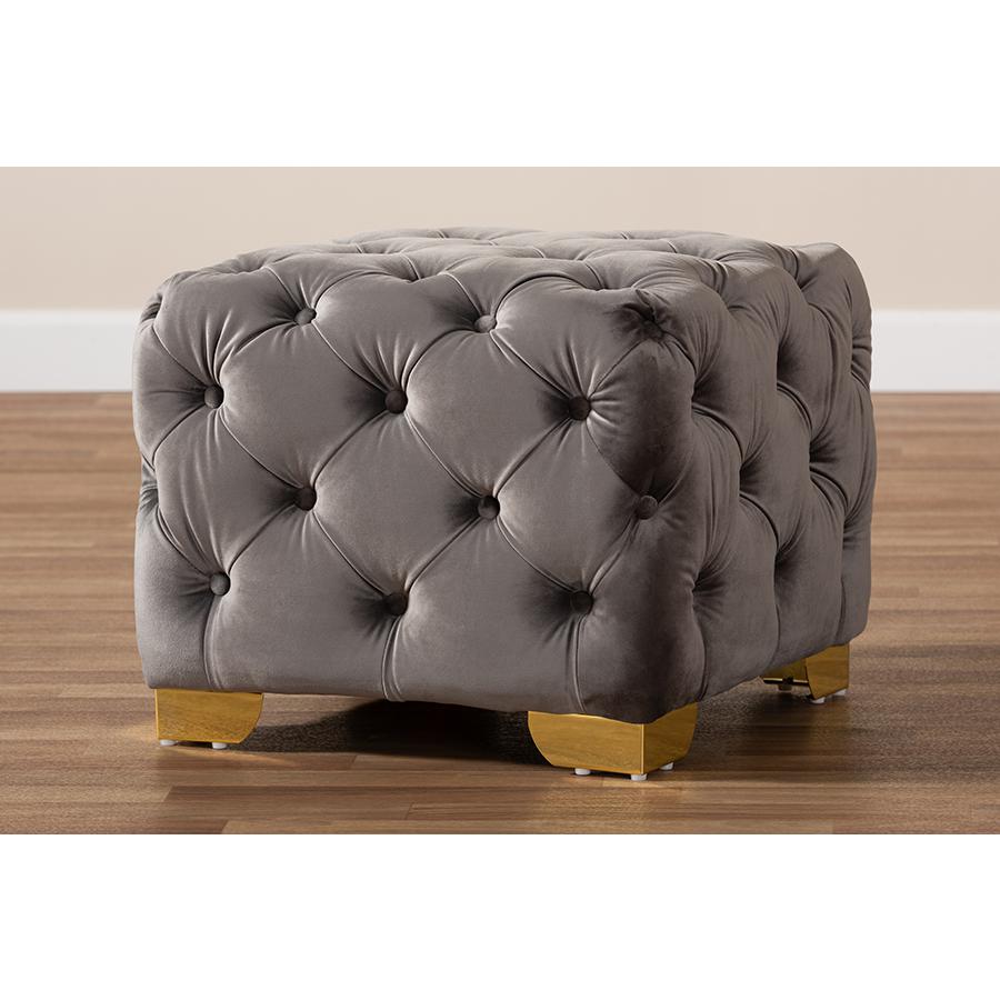 Baxton Studio Avara Glam and Luxe Gray Velvet Fabric Upholstered Gold Finished Button Tufted Ottoman. Picture 7