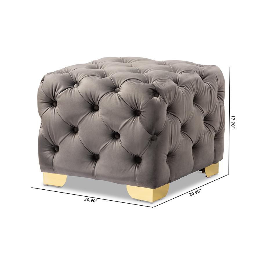 Baxton Studio Avara Glam and Luxe Gray Velvet Fabric Upholstered Gold Finished Button Tufted Ottoman. Picture 8
