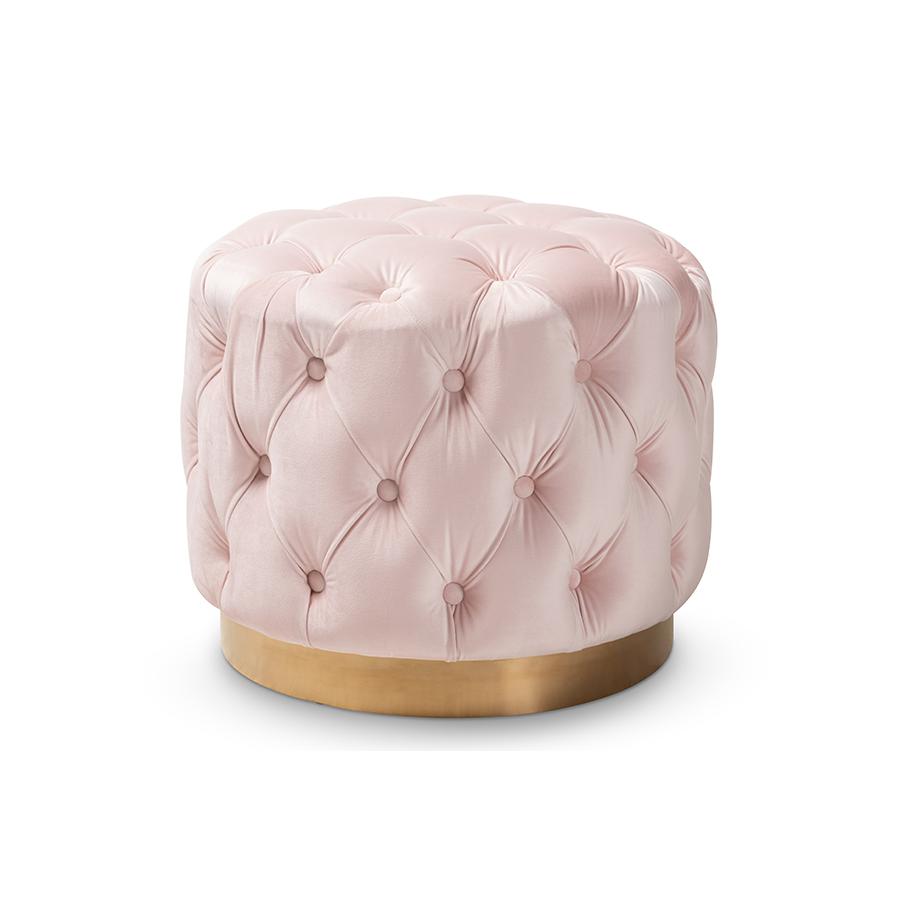 Baxton Studio Valeria Glam Light Pink Velvet Fabric Upholstered Gold-Finished Button Tufted Ottoman. Picture 2