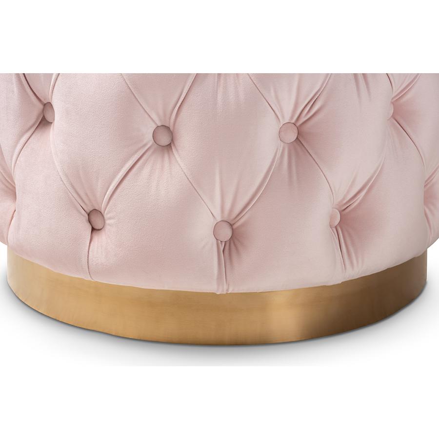 Baxton Studio Valeria Glam Light Pink Velvet Fabric Upholstered Gold-Finished Button Tufted Ottoman. Picture 3