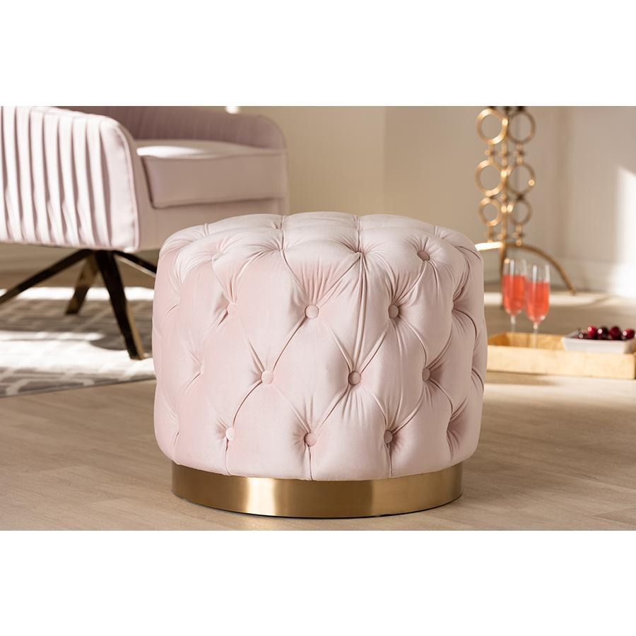 Baxton Studio Valeria Glam Light Pink Velvet Fabric Upholstered Gold-Finished Button Tufted Ottoman. Picture 1