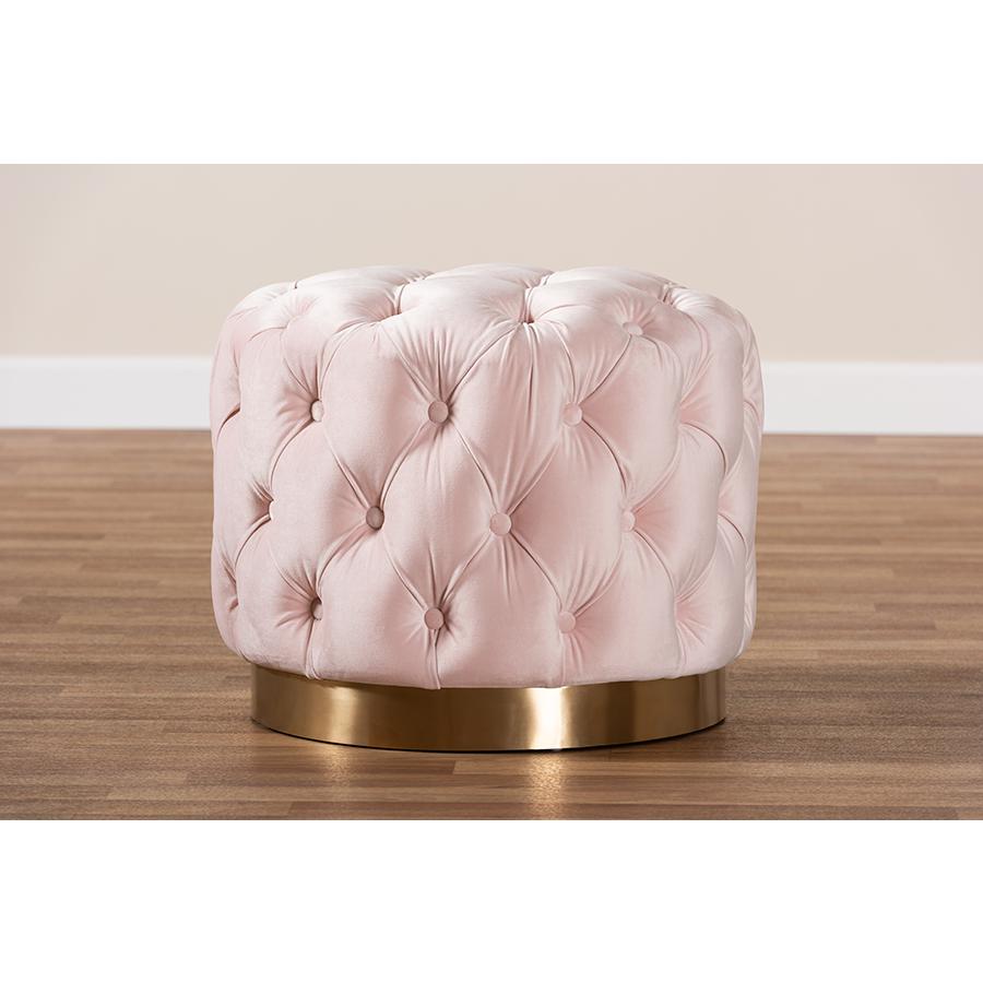 Baxton Studio Valeria Glam Light Pink Velvet Fabric Upholstered Gold-Finished Button Tufted Ottoman. Picture 5